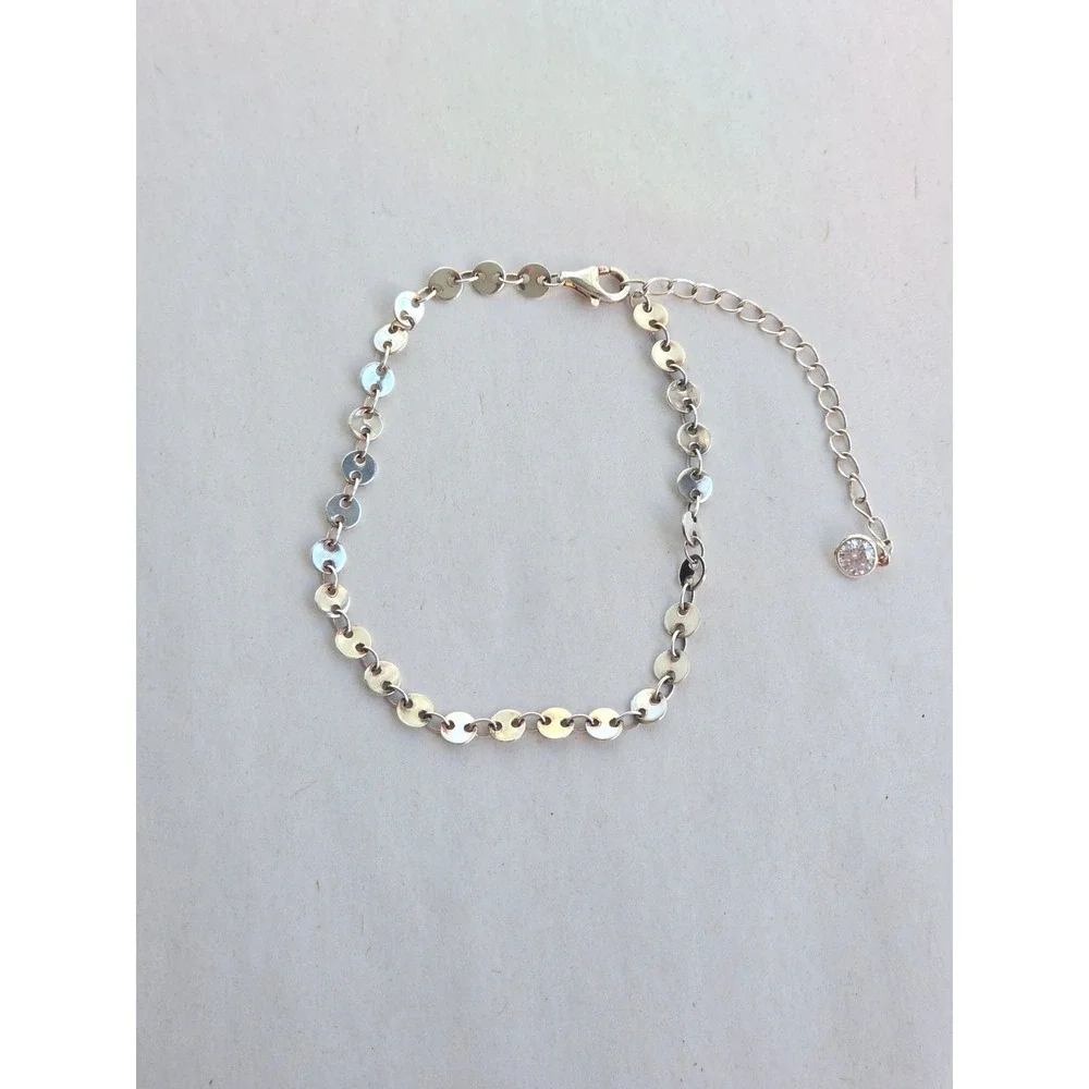Sterling Silver 925 Adjustable Flat Disc Chain Link Bracelet with CZCharm